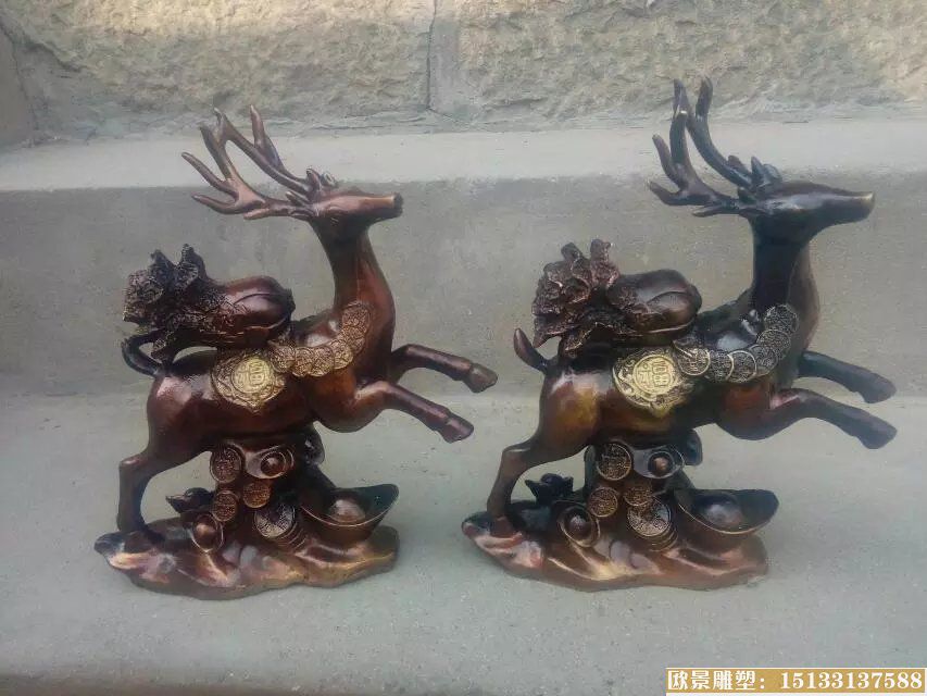 铜鹿送财雕塑，铸铜动物雕塑