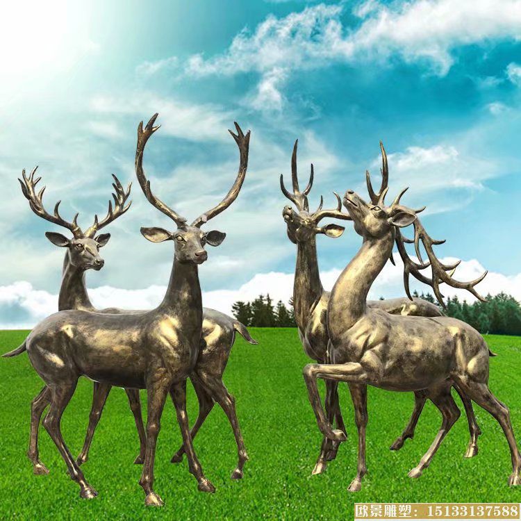 玻璃钢仿铜鹿雕塑 景观动物小鹿雕塑